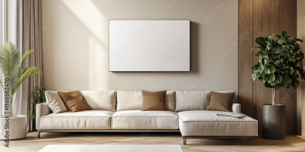 Ultra-realistic image of a cozy, compact living room with a modern corner sofa in soft, warm tones. Ultra-realistic image of a cozy, compact living room with a modern corner sofa in soft, warm tones.