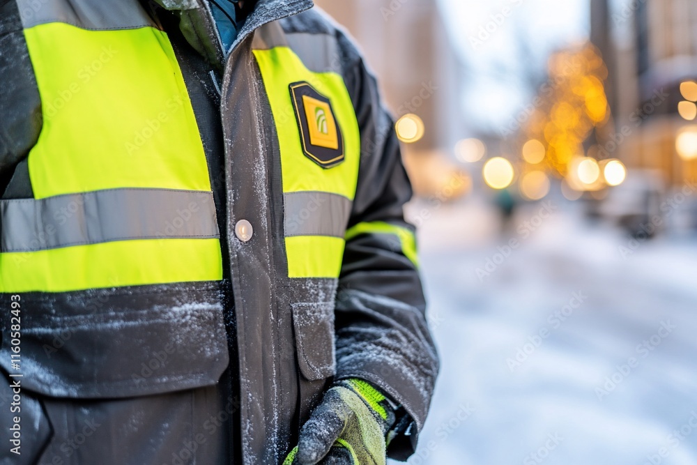 Close-up of a frost-covered winter jacket worn by a worker on a snowy city street. Close-up of a frost-covered winter jacket worn by a worker on a snowy city street.