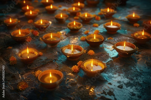 Traditional diya lamps lit during diwali celebration photo