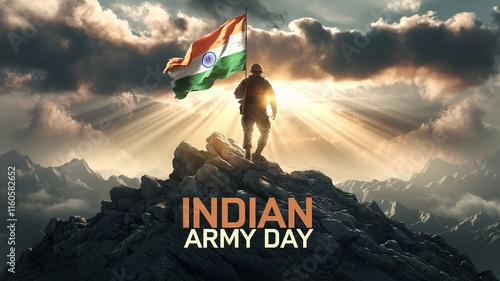 Indian Army Day, A soldier holding India's flag atop a mountain, kargil vijay diwas