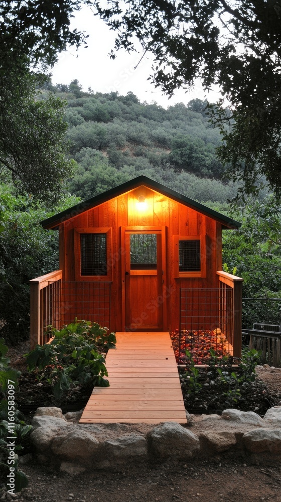 A cozy wooden cabin illuminated at dusk, surrounded by greenery and a welcoming pathway. A cozy wooden cabin illuminated at dusk, surrounded by greenery and a welcoming pathway.