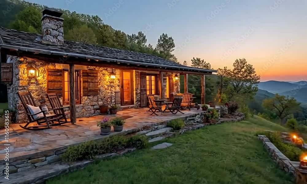 Mountaintop Stone Cabin at Sunset: A Serene Escape