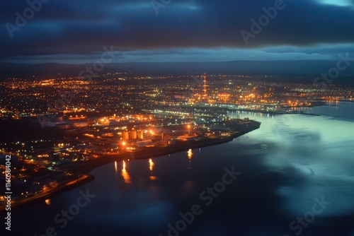 Night view of city lights near water. Illustrates industrial cityscape at night, ideal for urban, industrial, or environmental themes.