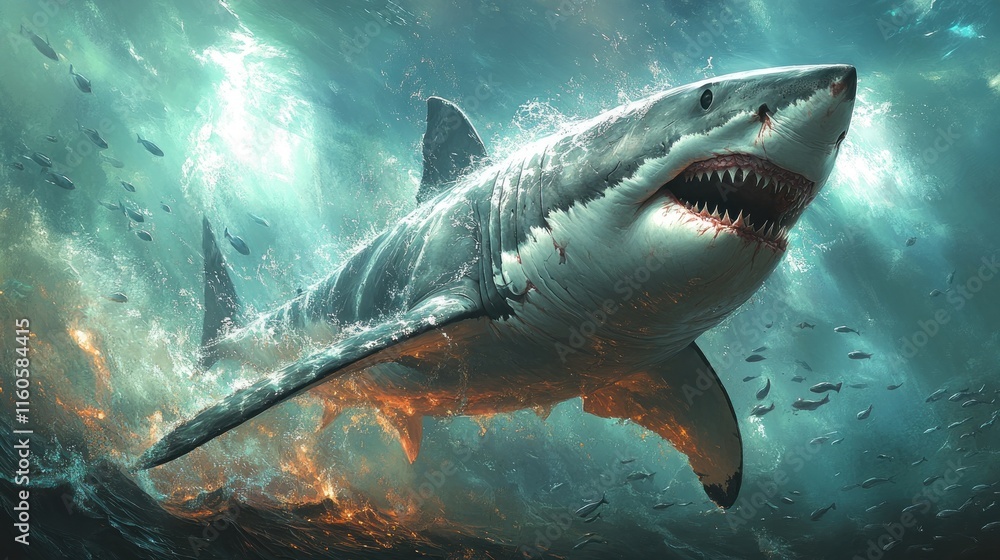 Naklejka premium Majestic great white shark in a dramatic underwater scene, powerful and aggressive, with turbulent water and small fish.