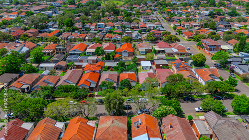 Panorama aerial drone view of western Sydney Suburbs of Canterbury Burwood Ashfield Marrickville Campsie with Houses roads and parks in Sydney New South Wales NSW Australia photo