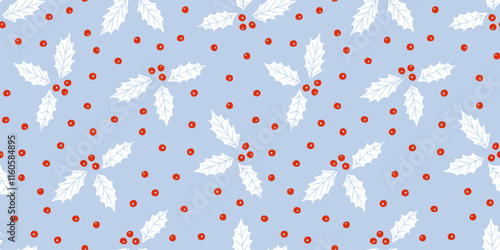 Holly leaves with berries seamless pattern. Simple frosty winter holiday season background. Block print style vector repeat design.