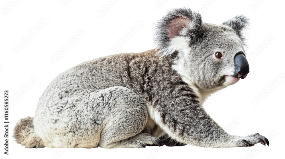 Obraz premium Adorable Koala Bear: A close-up portrait of a cuddly koala bear, captured in a relaxed and playful pose, showcasing its unique charm and endearing features. 