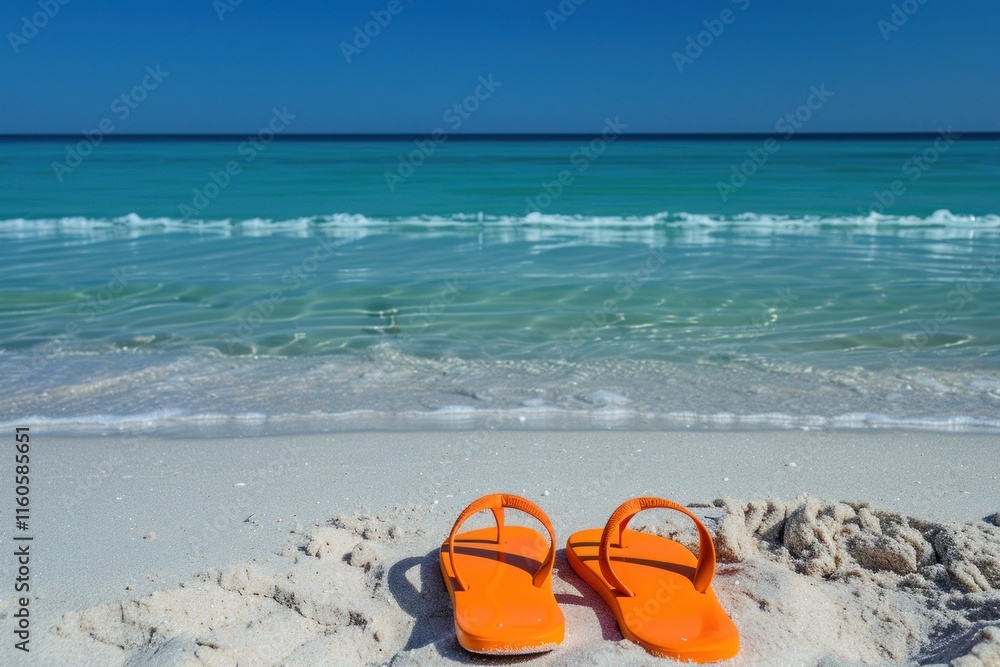 Obraz premium Orange flip-flops on a sandy beach near turquoise ocean. Summer vacation.
