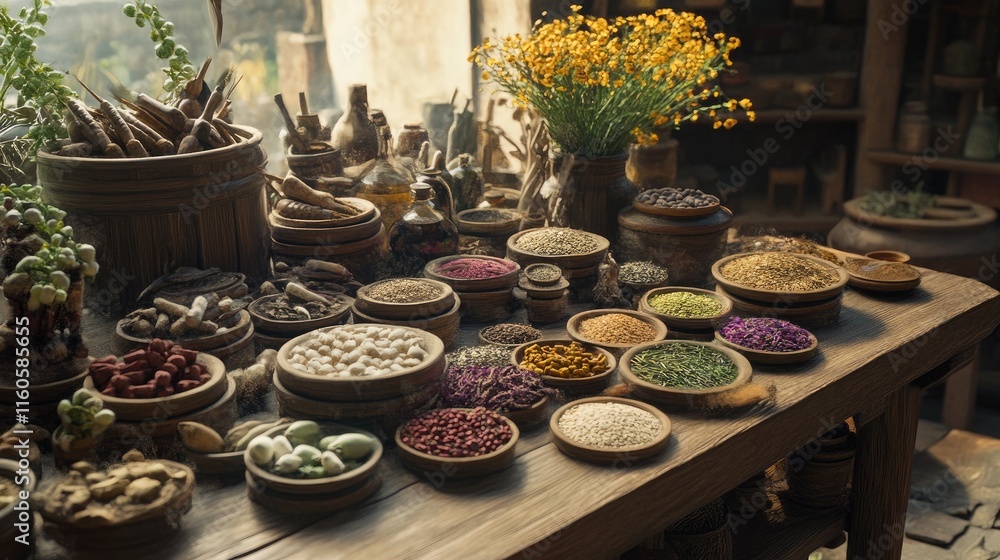 A traditional Chinese medicine shop scene, with various herbs, seeds, and healing ingredients arranged on a wooden table for natural treatments. A traditional Chinese medicine shop scene, with various herbs, seeds, and healing ingredients arranged on a wooden table for natural treatments.