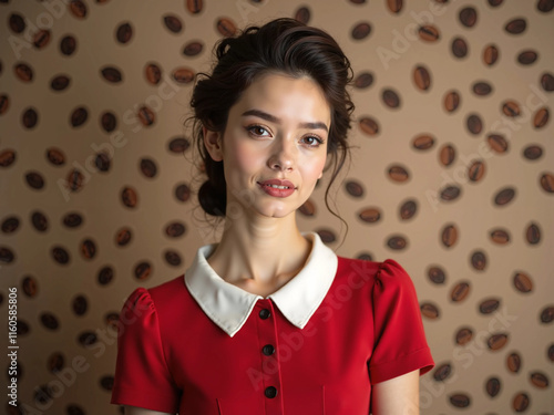 Brunette Model in Red Dress with White Collar, Coffee Beans Background, Coffee Commercial photo