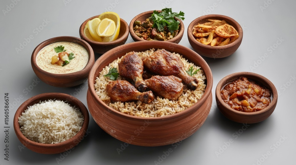 Chicken dhum biriyani using jeera rice and spices arranged in earthen ware with raitha and lemon pickle on grey background. Chicken dhum biriyani using jeera rice and spices arranged in earthen ware with raitha and lemon pickle on grey background.