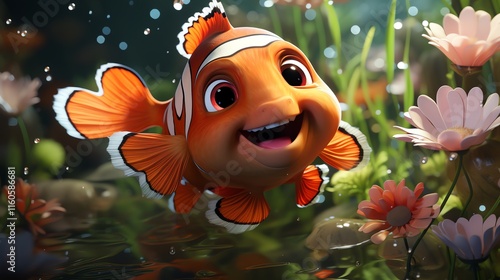 Happy cartoon clownfish swimming in underwater garden.