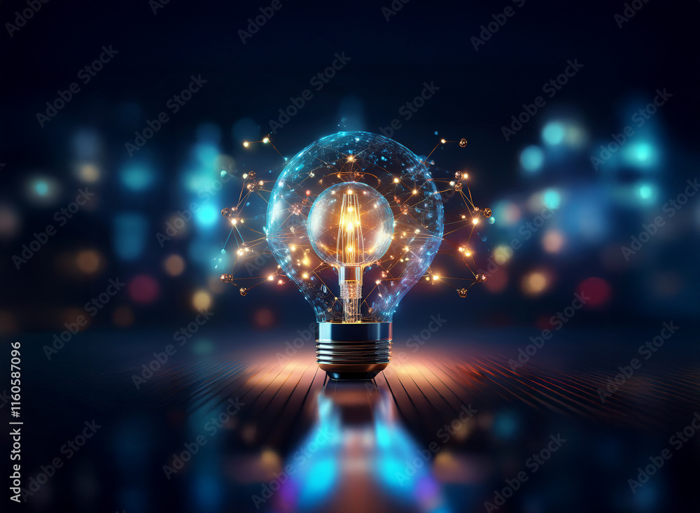 A glowing lightbulb, rendered in a network of interconnected points, sits on a dark reflective surface against a blurred cityscape backdrop. It symbolizes innovation and new ideas. A glowing lightbulb, rendered in a network of interconnected points, sits on a dark reflective surface against a blurred cityscape backdrop. It symbolizes innovation and new ideas.