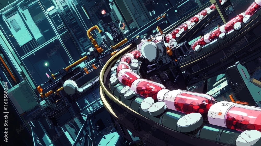 Naklejka premium Advanced pharmaceutical manufacturing with pills being transported on a conveyor, emphasizing innovation and precision in healthcare production.