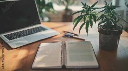 Open notebook, laptop, pens, and cannabis plant on a wooden desk.