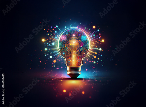 A vibrant lightbulb, glowing with multicolored energy bursts, symbolizes innovation, creativity, and new ideas.  The intricate design within suggests complex thinking and technological advancement. photo