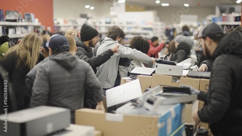 Shoppers crowd around discounted electronics during a Black Friday sale.