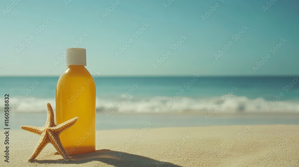 empty Bottle of sunscreen lotion and starfish on tropical beach, Beach accessories and summer concept, copy space.
