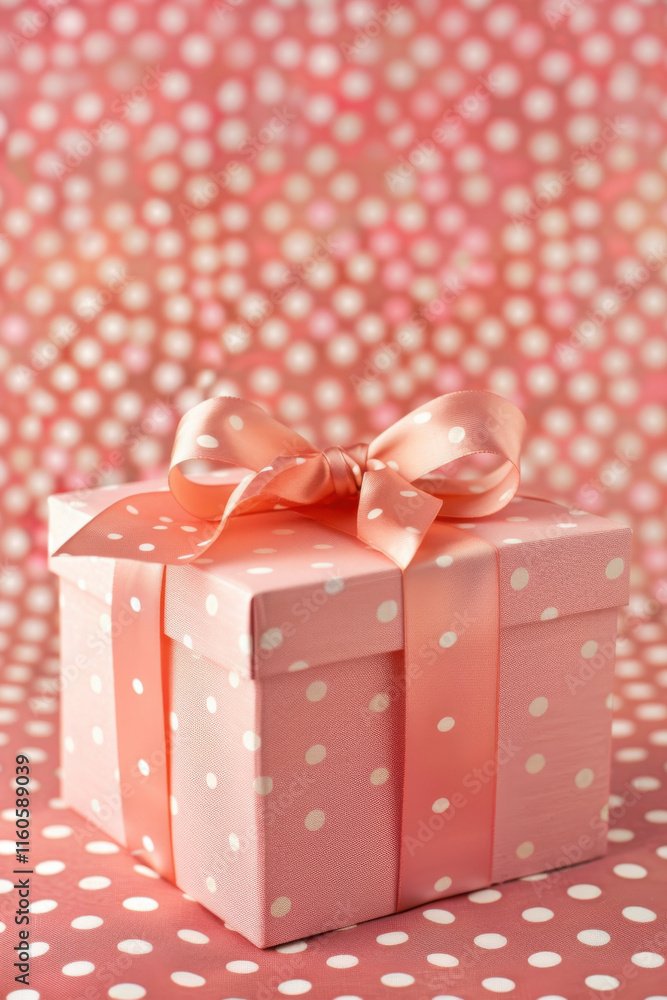 Elegant pink gift box with a satin ribbon on a polka-dotted background, perfect for special occasions. Elegant pink gift box with a satin ribbon on a polka-dotted background, perfect for special occasions.