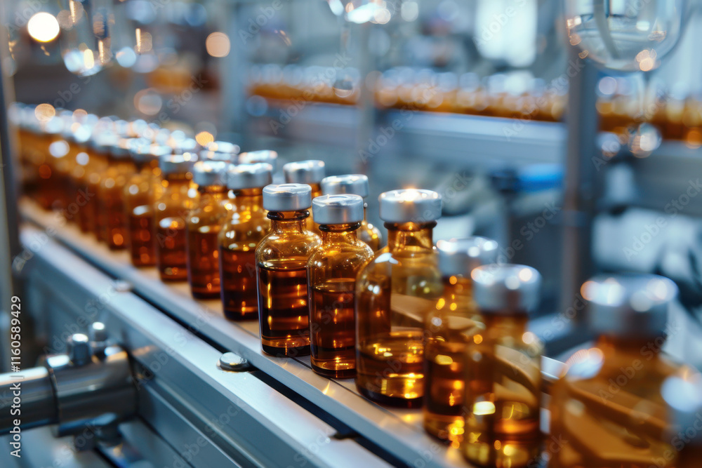 Amber glass bottles with capsules, neatly arranged on wooden shelves in a pharmacy or supplement store. Amber glass bottles with capsules, neatly arranged on wooden shelves in a pharmacy or supplement store.