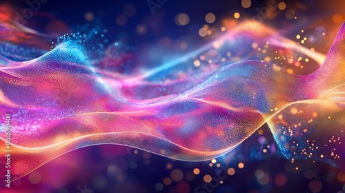 intricate mosaic of particles and waves in vivid, contrasting colors