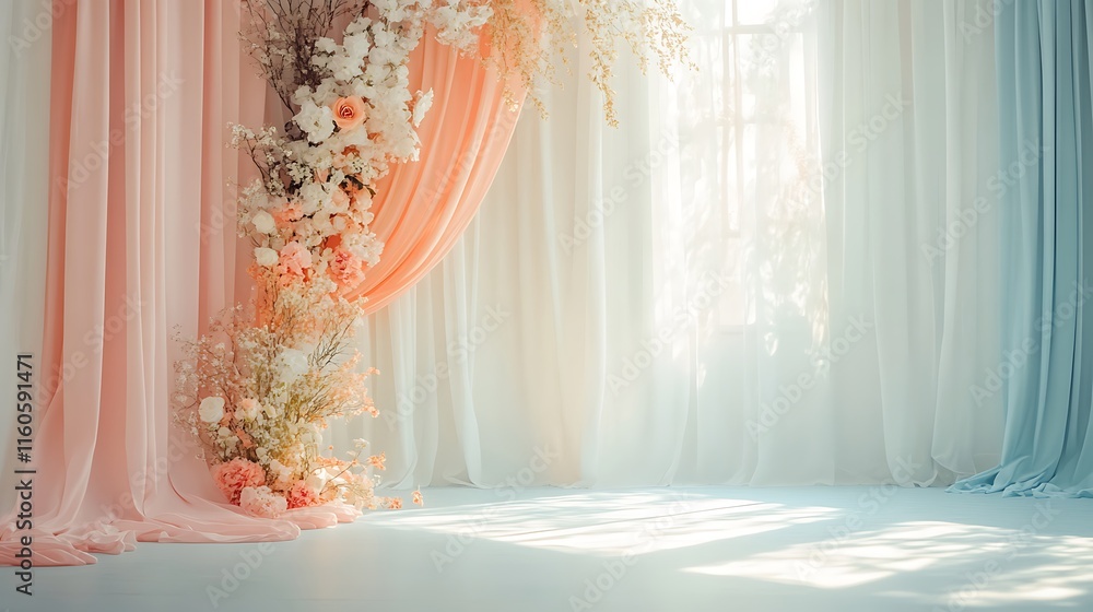 Sunlit room with peach and white curtains, floral arrangement. Sunlit room with peach and white curtains, floral arrangement.