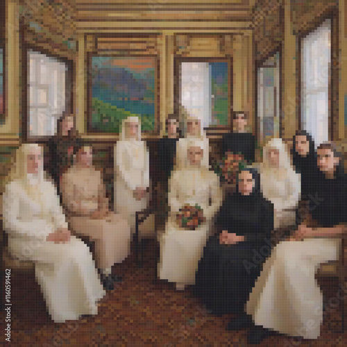 Group women white some veils are seated room painting couch