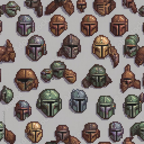 Pixel art showcases various space helmets each unique features distinct background