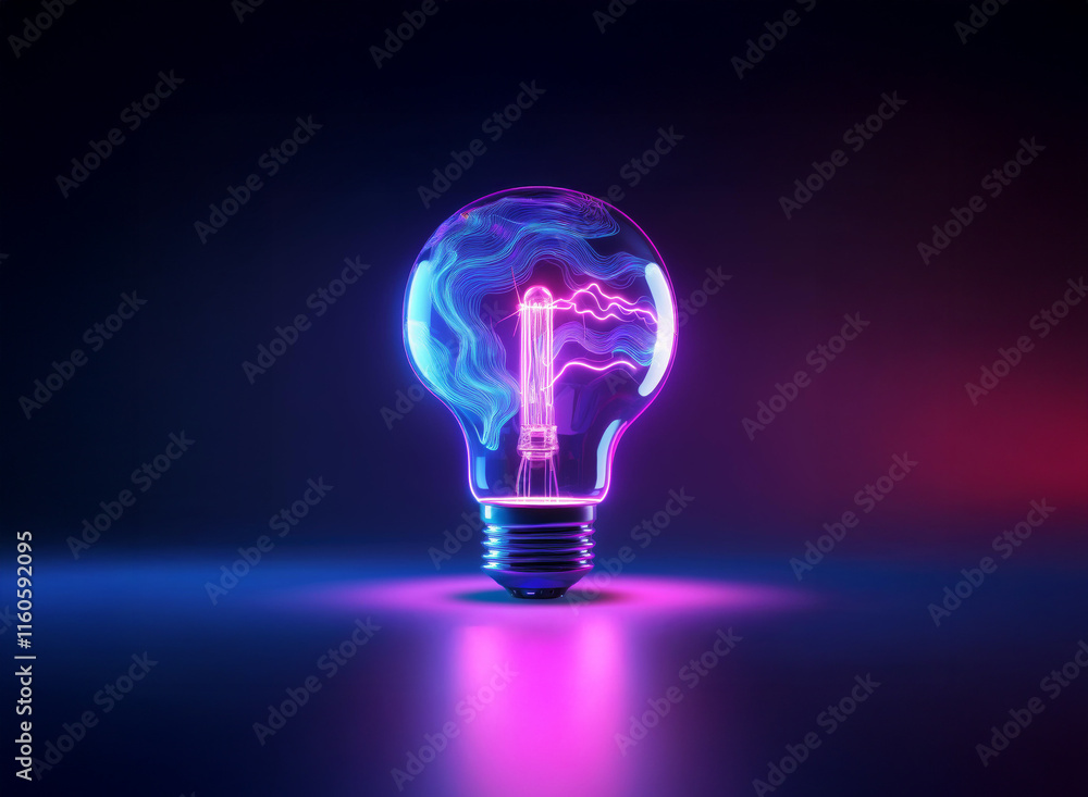 A glowing lightbulb, filled with vibrant pink and blue energy, sits on a reflective surface. Surrounding it is a dark, moody atmosphere. A glowing lightbulb, filled with vibrant pink and blue energy, sits on a reflective surface. Surrounding it is a dark, moody atmosphere.
