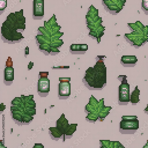 Pixel art showcases various botanical elements including leaves bottles book gray background