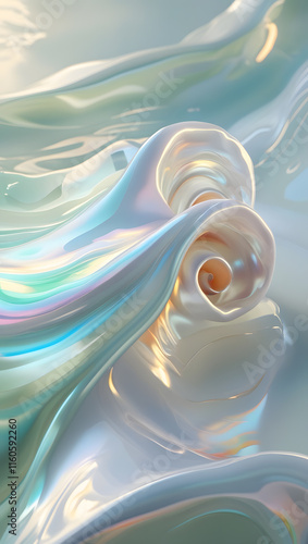 Iridescent Silk Waves - Abstract Pearlescent 3D Render with Soft Holographic Textures
