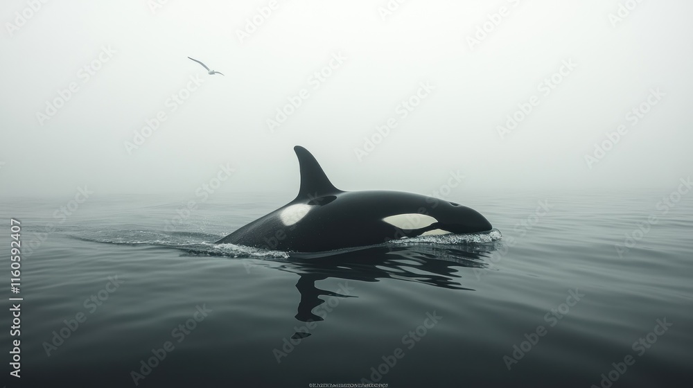 Fototapeta premium Orca in a misty ocean environment.