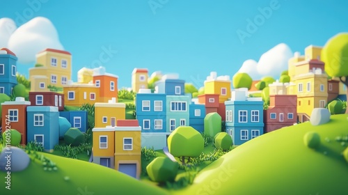 Charming 3D city on green hills, with cartoonish buildings in simple shapes and a bright, clear blue sky.