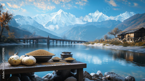 Serene Himalayan Landscape with River, Rustic Village, Bridge, and Traditional Grains Display for Maghe Sankranti photo