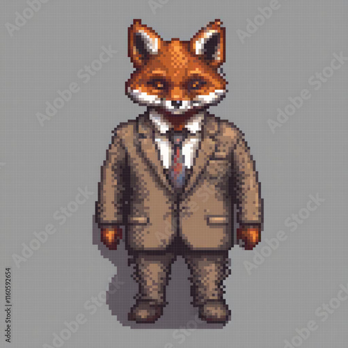 Pixel art image fox wearing suit tie standing front grey background