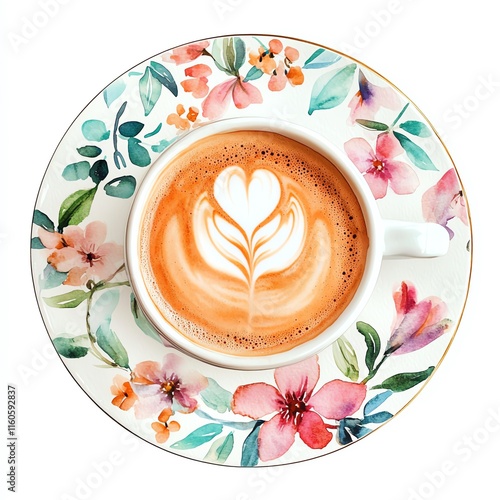 Beautiful latte art in a floral patterned cup, perfect for coffee lovers and aesthetics. photo