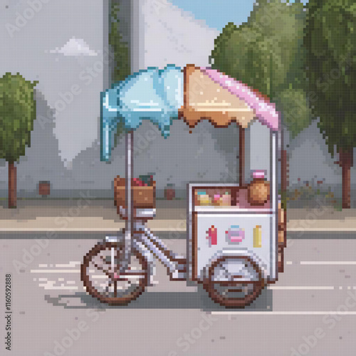 Pixel art image depicts bicycle food cart its back featuring colorful umbrella various items like fruits bottles