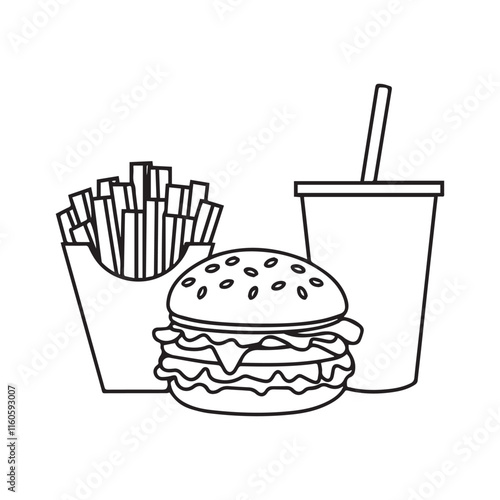 Black and White Hamburger, Fries and Soda Line Art for Clean Coloring Pages and Bold Coloring Book Outline