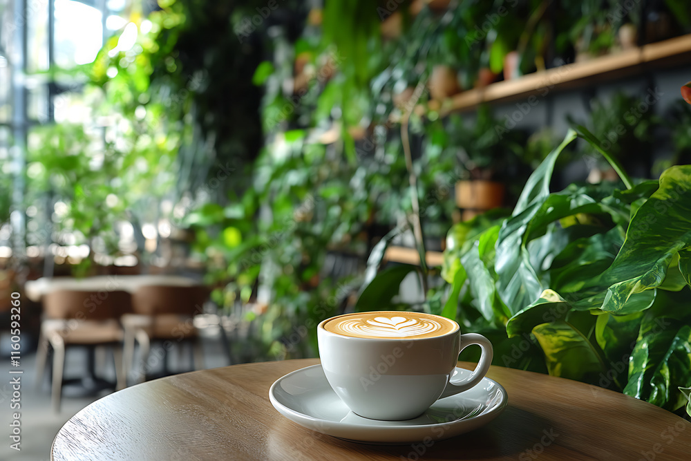 Latte Art in a Lush Cafe Setting Latte Art in a Lush Cafe Setting