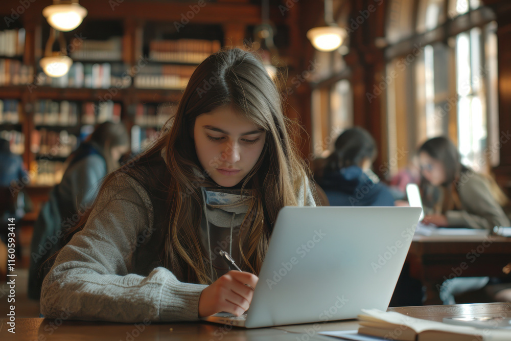 Young woman focused on her laptop while studying in a busy library, surrounded by books and students. Young woman focused on her laptop while studying in a busy library, surrounded by books and students.