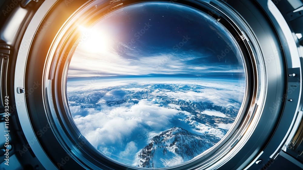View of Earth from space station window, intricate spaceship interior, circular observation window View of Earth from space station window, intricate spaceship interior, circular observation window