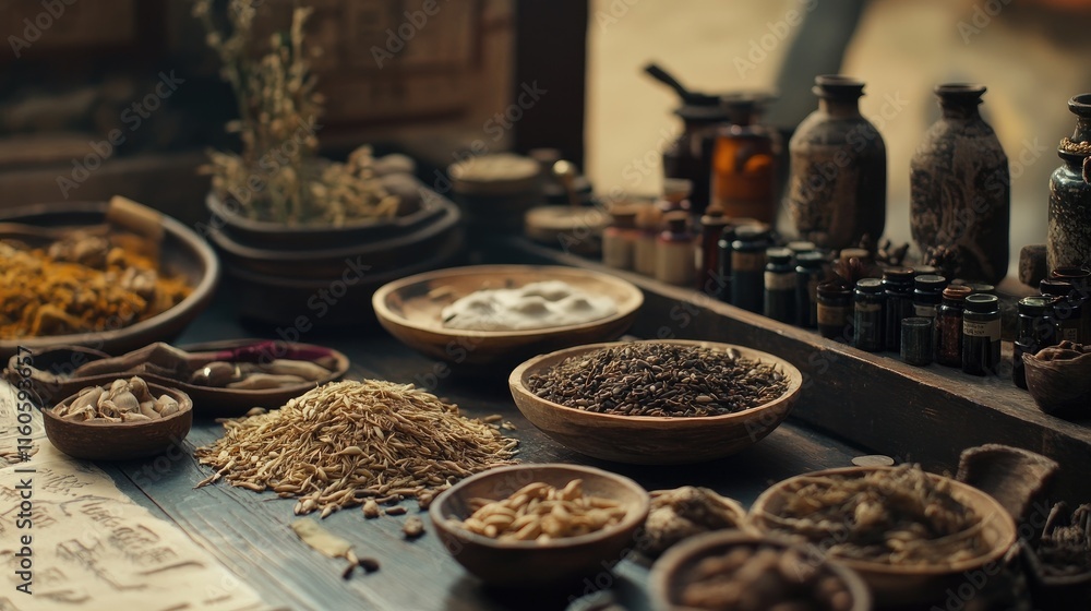 Fototapeta premium Close-up of an ancient Chinese medicine shop table with a variety of herbs, seeds, and natural materials, evoking historical medicinal practices.