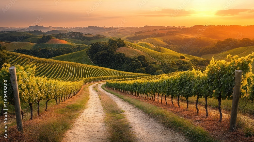 Obraz premium Sunset over rolling vineyard hills with dirt road.