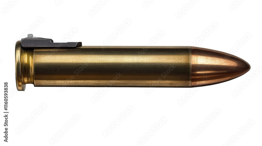 High-Caliber Cartridge: Close-up of a single, powerful rifle bullet, showcasing its intricate details and metallic finish. A powerful image for various contexts. High-Caliber Cartridge: Close-up of a single, powerful rifle bullet, showcasing its intricate details and metallic finish. A powerful image for various contexts.