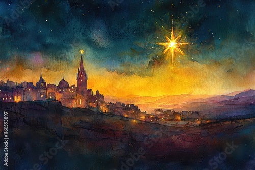 Watercolor illustration of Bethlehem skyline under a serene starry sky with a glowing star symbolizing the nativity story