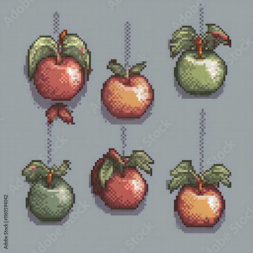 Image showcases collection apples each unique features like leaves stems apples are suspended chain creating pixel art style