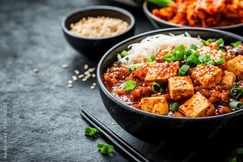 Spicy Korean Tofu Dish with Garnishes Spicy Korean Tofu Dish with Garnishes