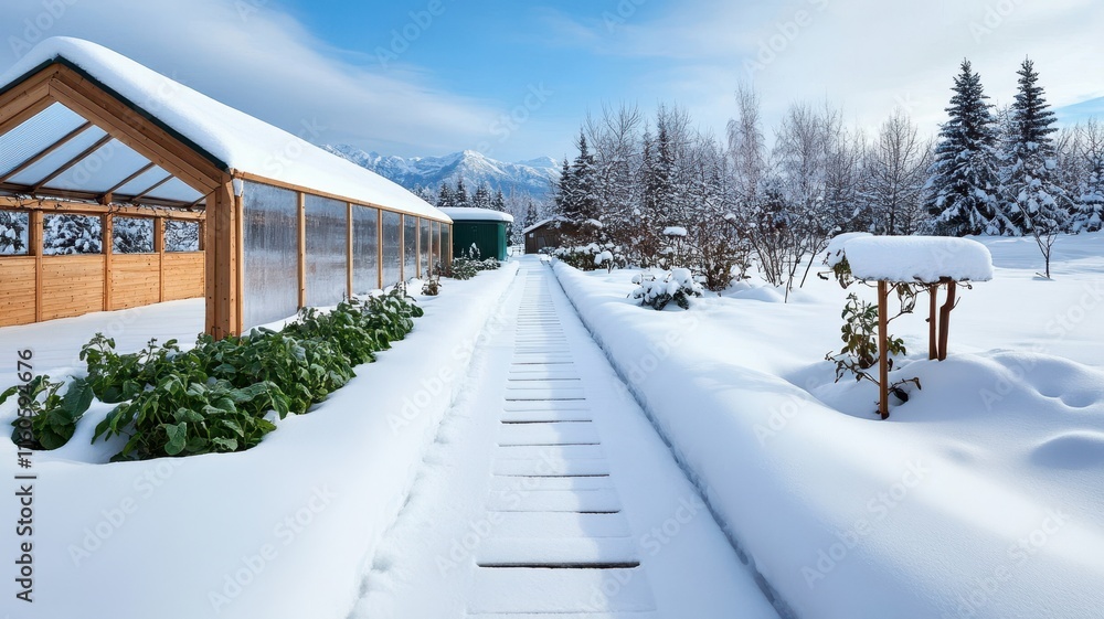 Fototapeta premium Snow-Covered Paths Surrounding Functional Cold Frames in a Winter Garden Landscape