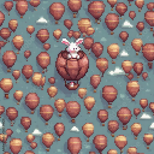 Pixel art scene rabbit hot air balloon surrounded numerous hot air balloons clouds mountains