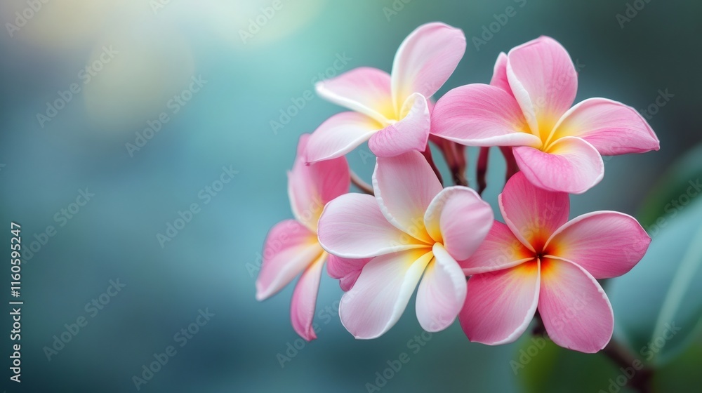 Fototapeta premium Pink plumeria flowers blooming in soft sunlight with blurred background